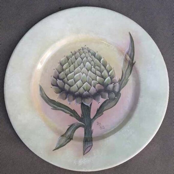 3 meticulously Hand Painted Enamel & Signed Metal Artichoke Collector Display Pl - Picture 8 of 12